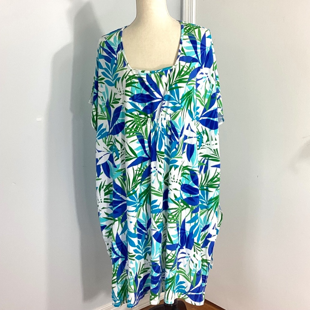 STAN HERMAN SIZE LARGE TROPICAL PRINT BEACH COVER UP VIBRANT TURQUOISE G…